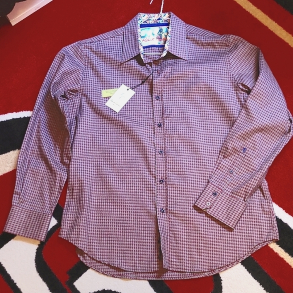 Robert Graham Classic Fit Casual Dress Shirt Burgundy Grey Hound's Tooth